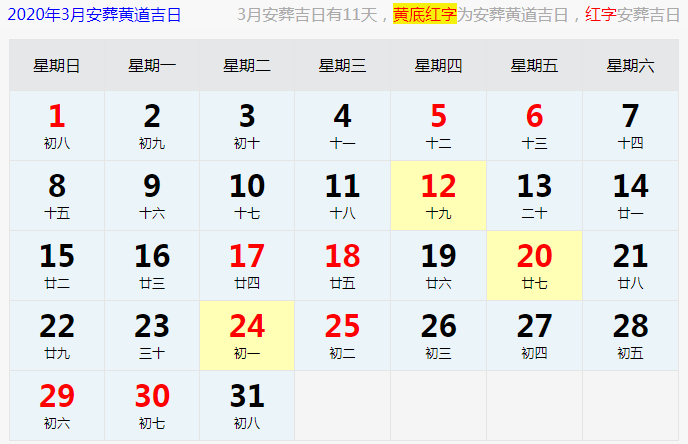 2020年3月有哪些宜于安葬的黄道吉日?